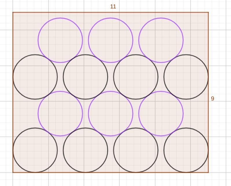 A box is 9 inches by 11 inches. The donuts have a radius of 1.25 inches. How many-example-1