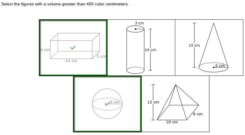 Select all the correct figures.Select the figures with a volume greater than 400 cubic-example-1