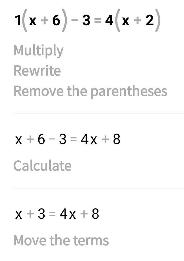 Solve for x 1(x+6) - 3 =4(x + 2)-example-1