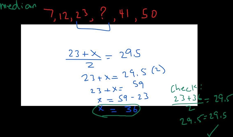 The median for the given set of six ordered data values is 29.5 7 12 23 __ 41 50 What-example-1