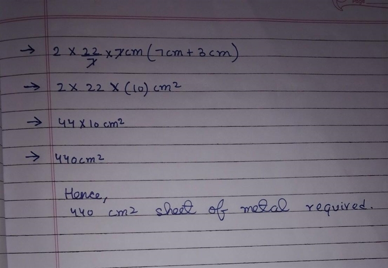 A closed cylindrical tank of radius 7 m and height 3 m is made from a sheet of metal-example-2