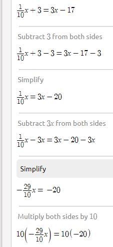 What is the value of x in the equation below?1/10 (x+30)=-2-15+3x-example-2