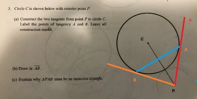 3. Circle C is shown below with exterior point P.(a) Construct the two tangents from-example-1