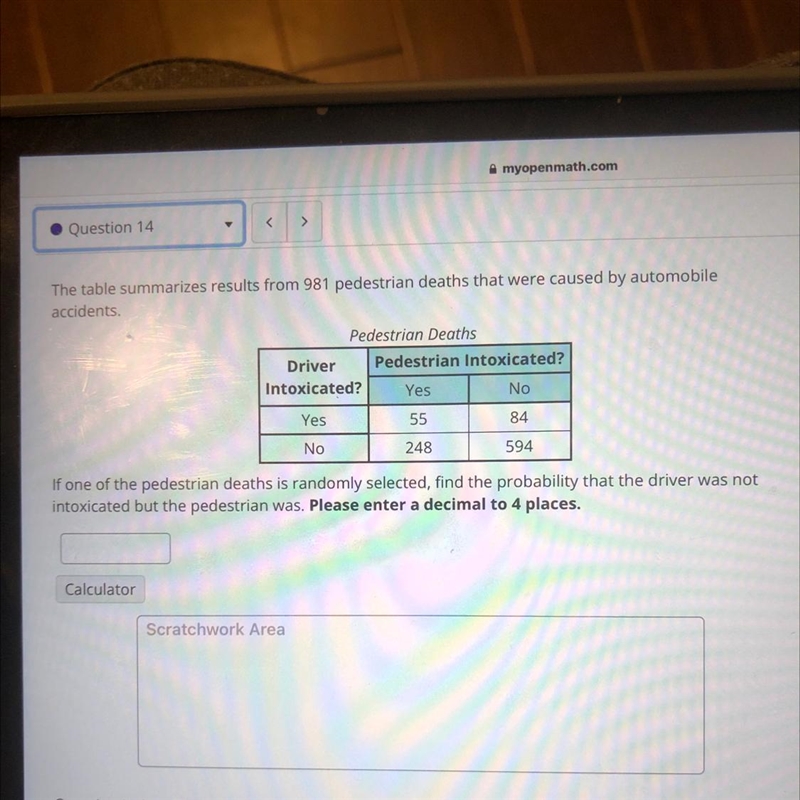 Question 14<>The table summarizes results from 981 pedestrian deaths that were-example-1