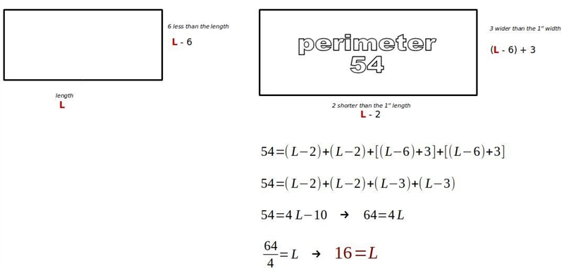 The width of a rectangle is 6 less than the length. A second rectangle with perimeter-example-1