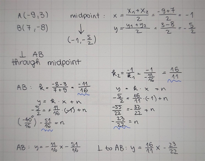 find the midpoint of AB. A(-9,3), B(7,-8). write an equation perpendicular to AB passes-example-1