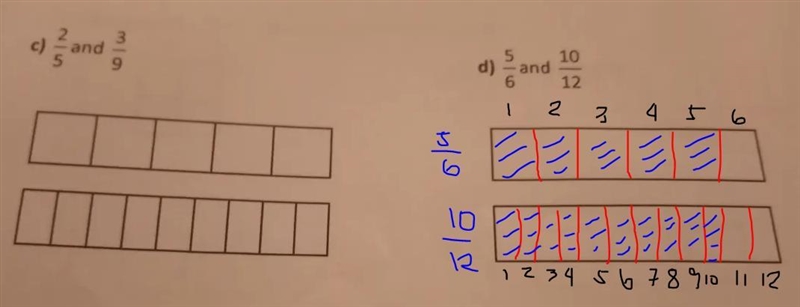 3 c) and 10 d) - and 12 9draw a diagram for each pair of fractions. Which pairs are-example-1