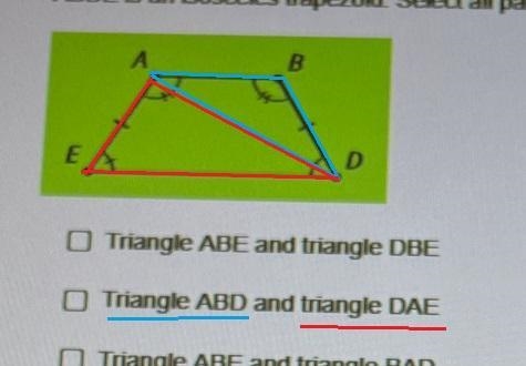 ABDE is an isosceles trapezoid.Select all pairs of congruent triangles.1. Triangle-example-2