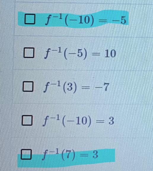 You are told that f is a one-to-one function with values f(3)=7 and f(-5)=-10-example-1