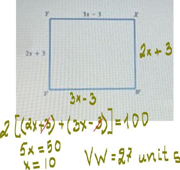 The perimeter of the rectangle below is 100 units. Find the length of side VW ?-example-1