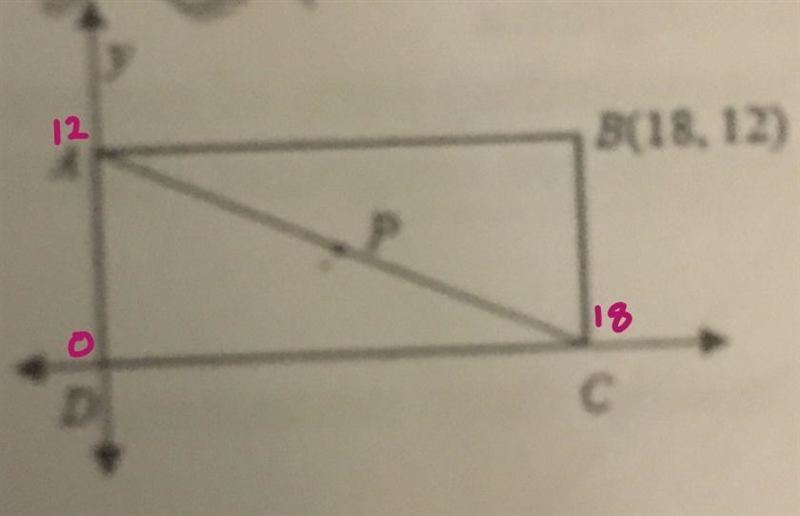 ABCD is a rectangle. Find the coordinates of P, the midpoint of AC. [B is (18,12) ]-example-1