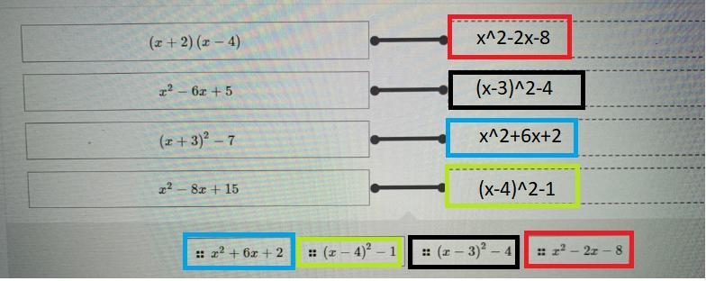 For each quadratic expression below, drag an equivalent expression to its match-example-1