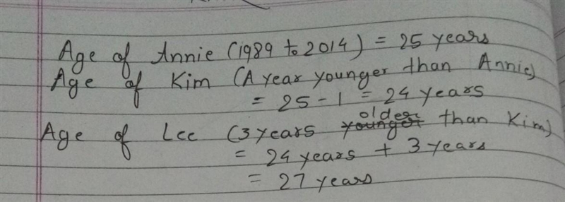 In the year 2014, Lee was 3 years older than Kim who was a year younger than Annie-example-1