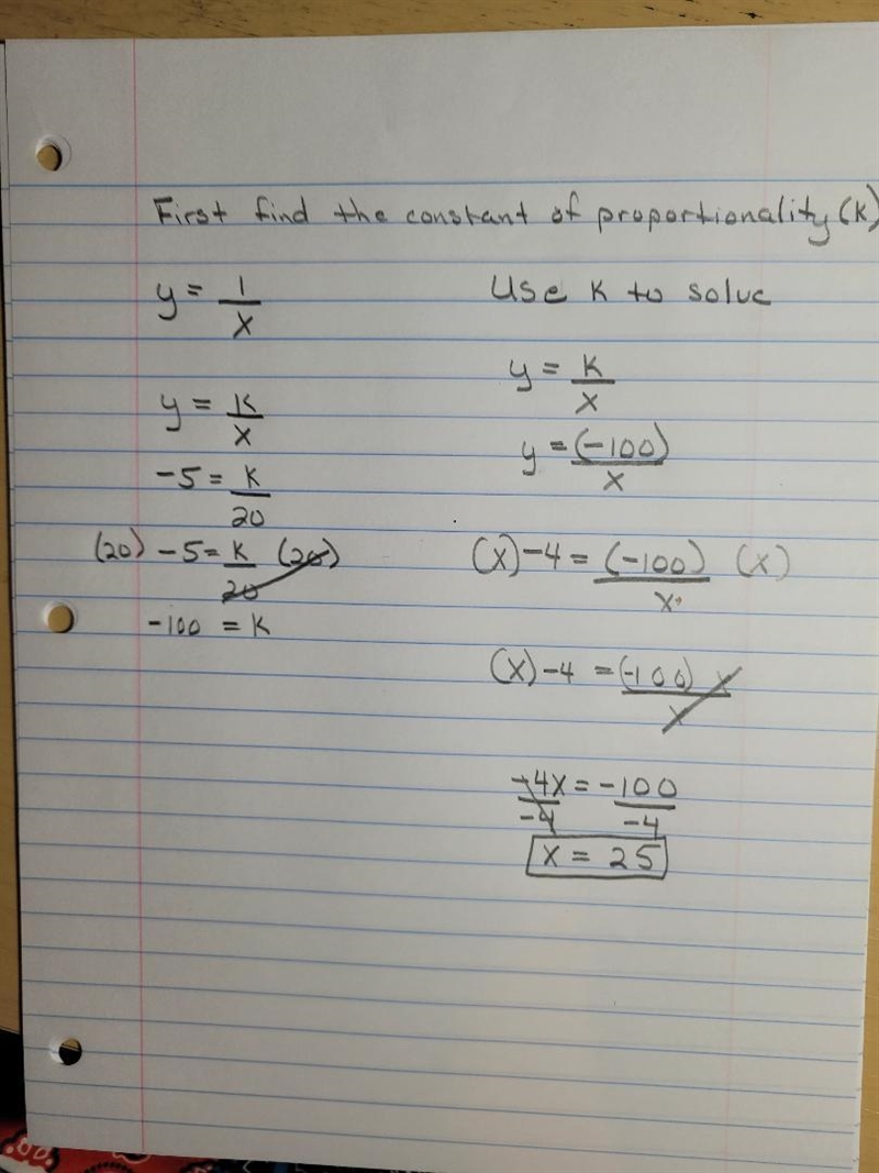 If y varies inversely with x, and y=-5 when x= 20, find x when y=-4. 0-example-1