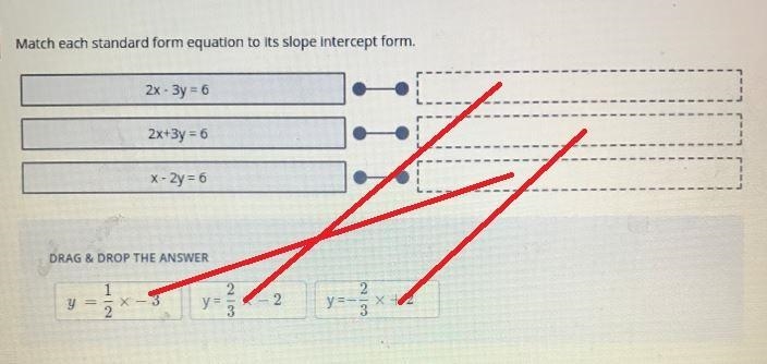 9Match each standard form equation to its slope intercept form.2x - 3y = 62x+3y = 6x-example-1