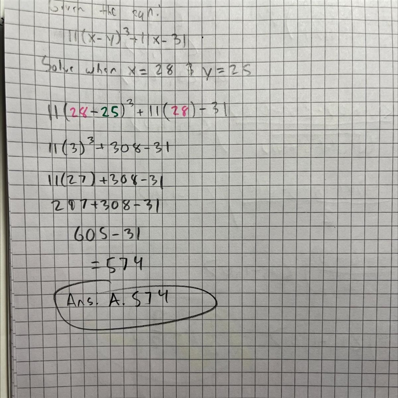 Evaluate the following expression when x = 28 and y = 25. -> 11(x-y)³ + 11x-31 OA-example-1