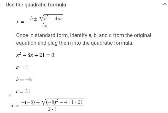 X^2-8x+21=0 quadratic formula-example-1