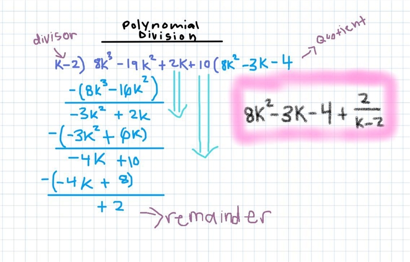 (8k^3 - 19 k^2 + 2k + 10) /(k - 2) = ?-example-1