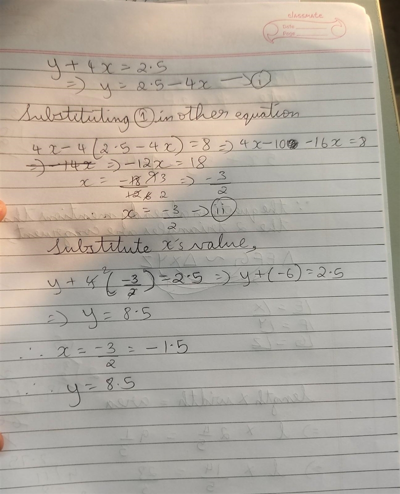 Solve the system of equations. 4x - 4y = 8 y + 4x = 2.5-example-1