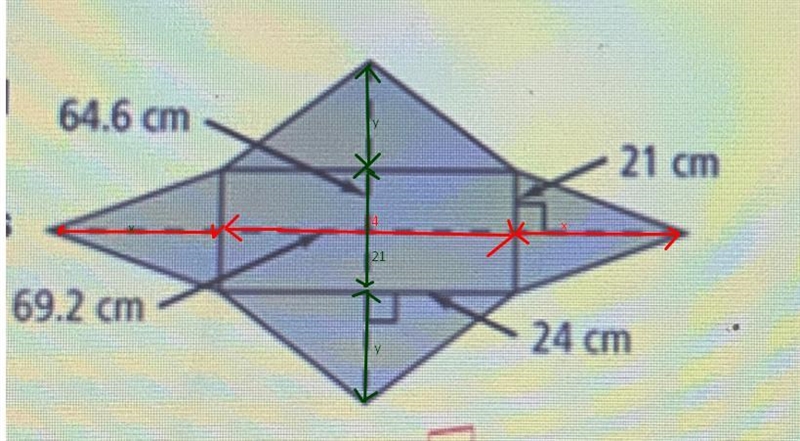 A net of arectangular pyramidis shown. Therectangular base haslength 24 cm andwidth-example-1