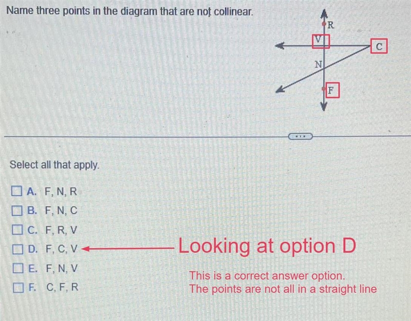 Name three points in the diagram that are not collinear. Select all that apply. A-example-4