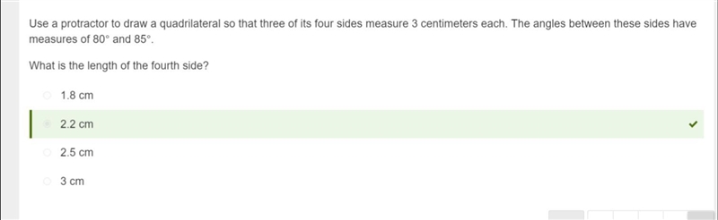 Use a protractor to draw a quadrilateral so that three of its four sides measure 3 centimeters-example-1