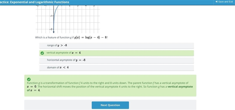 What is a feature of function g if g(x) = log (x-4) -8-example-1