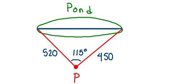 From a point P, the distance to one end of a pond is 450 m and the distance to the-example-1