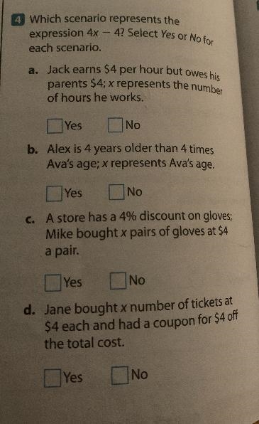 Which scenario represents theexpression 4x 47 Select Yes or No foreach scenario.a-example-1