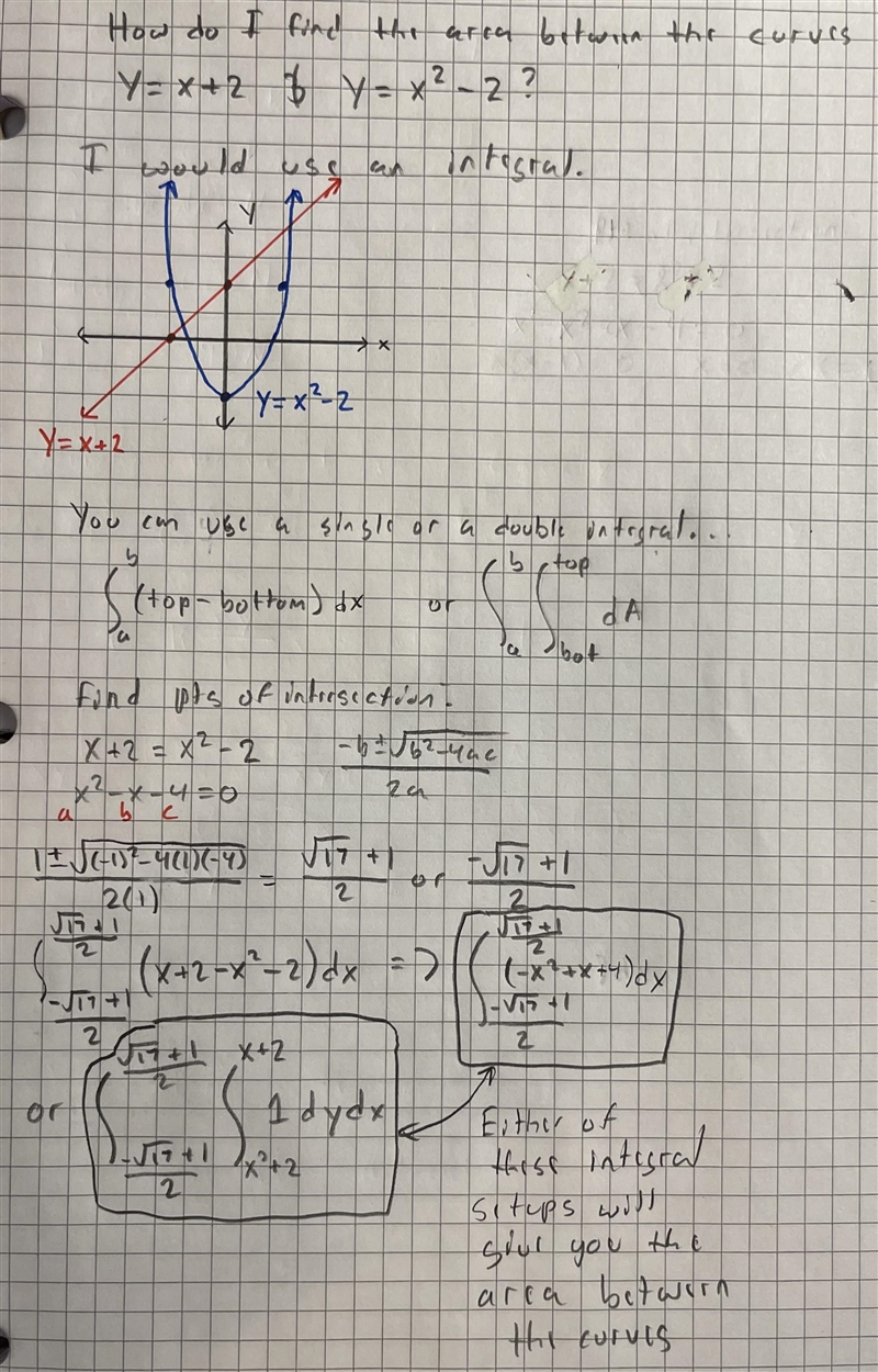 How do I find the area between the curves of y=x+2 and y=x^{2}-2?-example-1