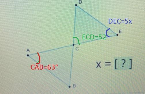 If AACBADCE, ZCAB = 63⁰,ZECD= 52°, and ZDEC = 5x.4BDEx = [?]-example-1