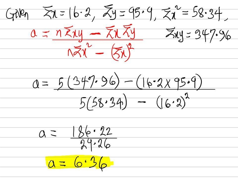 Finding the Slope and Interceptxyx2xy211.8423.62.112.14.4125.413.317.510.8957.75425.5161024.82923.04139.2∑ x-example-3