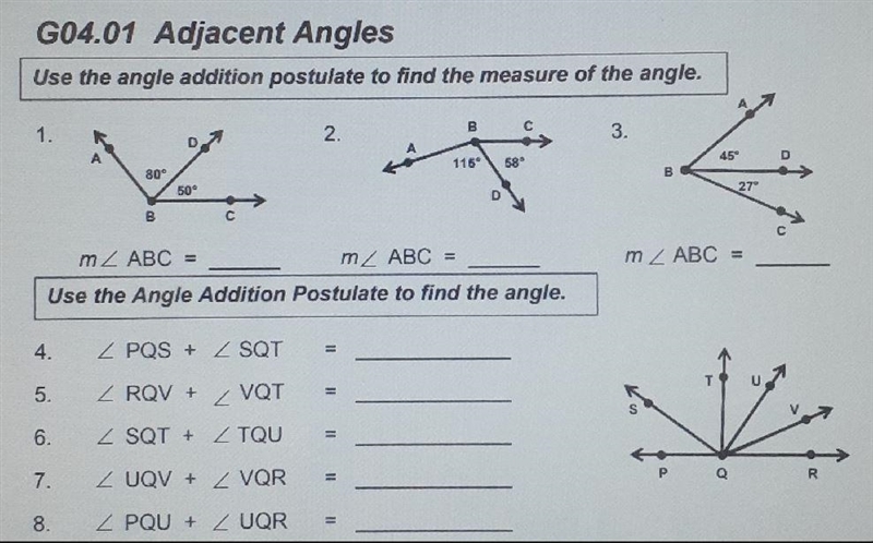 G04.01 Adjacent Angles Use the angle addition postulate to find the measure of the-example-1