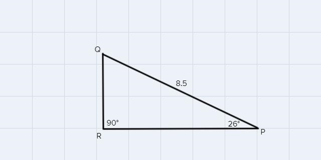 In ∆PQR, the measure of ZR=90°, the measure of ZP=26°, and PQ = 8.5 feet. Find the-example-1