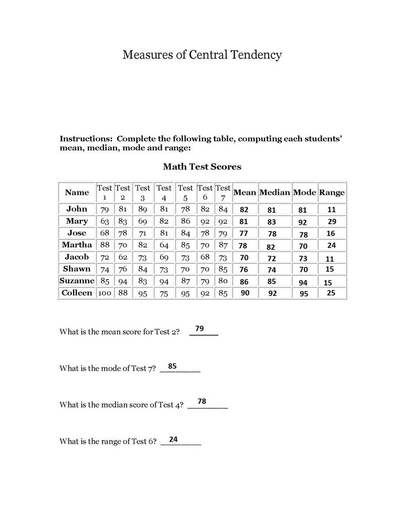 Instructions: Complete the following table, computing each students' mean, median-example-1