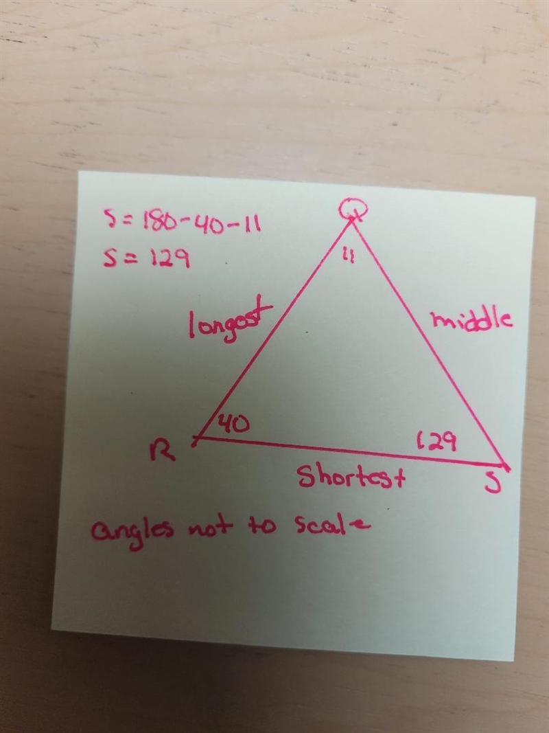 In ΔQRS, m∠Q = 11° and m∠R = 40°. Which list has the sides of ΔQRS in order from shortest-example-1