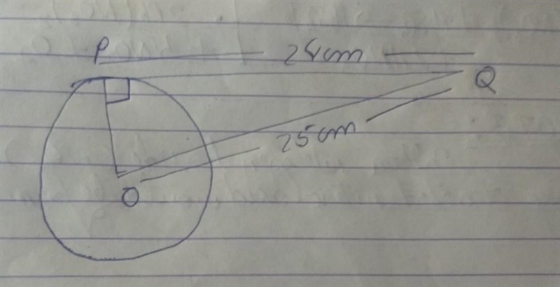 From a point Q, the length of the tangent to a circle is 24 cm and the distance of-example-1