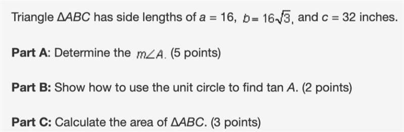 Triangle ΔABC has side lengths of a = 16, b equals 16 times radical 3 comma and c-example-1