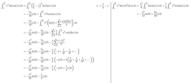 \red{ \rm\int\limits_(0)^{ (\pi)/(2)} l {n}^(2) \bigg( \frac{ {e}^{ - {x}^(2) } }{ \cos-example-3