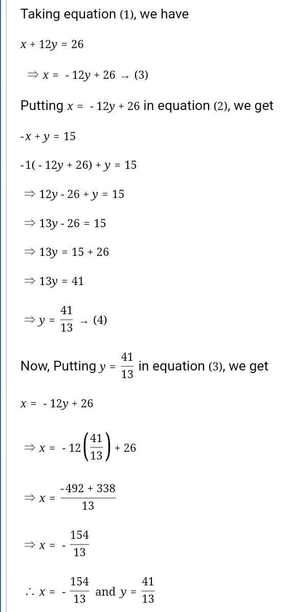 Solve this system 1/2x + 6y = 13 y = x + 15​-example-2