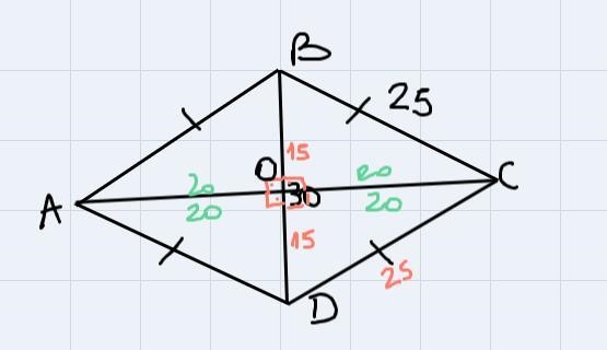 Give me a rhombus ABCD with BC =25 and BD= 30 find AC and the area of ABCD-example-1