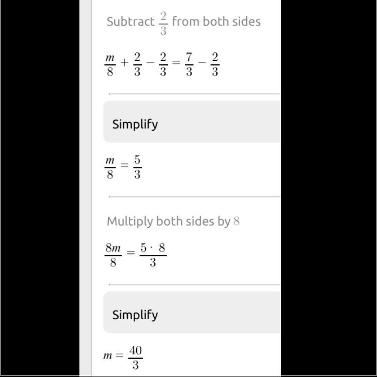 Solve for m M/8 plus 2/3 equals 7/3-example-1