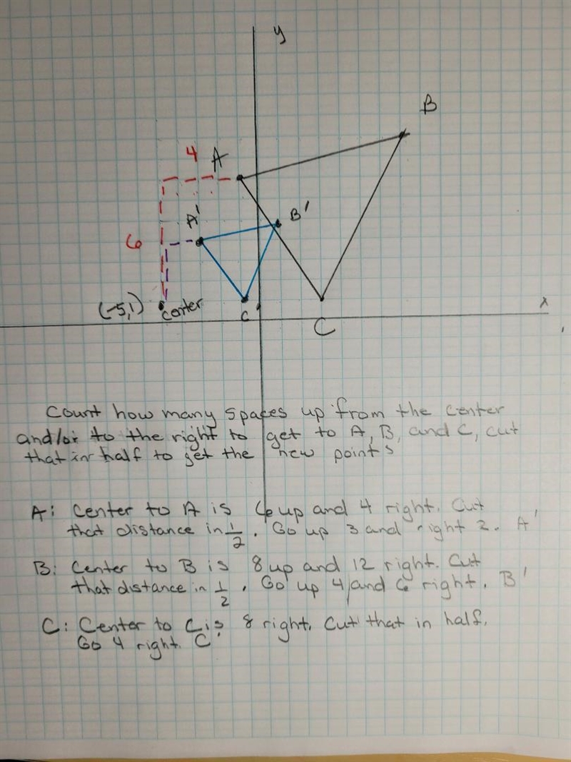 Graph the image of this triangle after a dilation with a scale factor of 1/2 centered-example-1