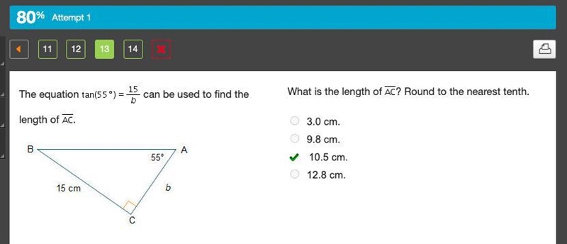 The equation tan(55 degree) equals StartFraction 15 Over b EndFraction can be used-example-1