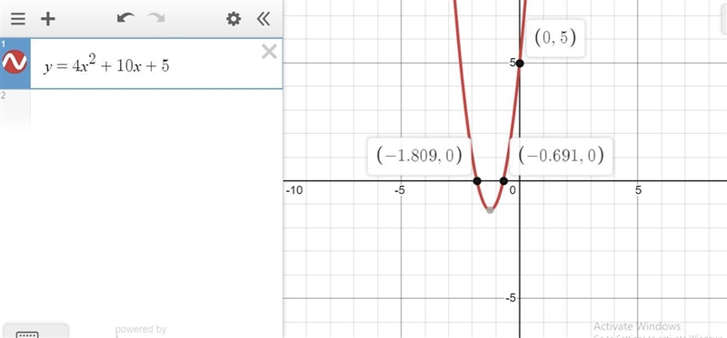 Find the x- and y-intercepts of the parabola y=4x2+10x+5.Enter each intercept as an-example-1