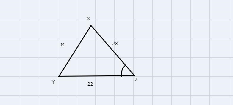 In XYZ, XY=14, YZ=22, and XZ=28. What is the measure of angle Z to the nearest degree-example-1