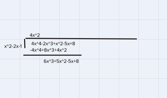 How do I divide: 4x^4 - 2x^3 + x^2 - 5x + 8 by x^2 - 2x - 1, with synthetic division-example-2