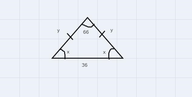 The base of an isosceles triangle has a length of 36 and a vertex anglemeasures 66 degrees-example-1