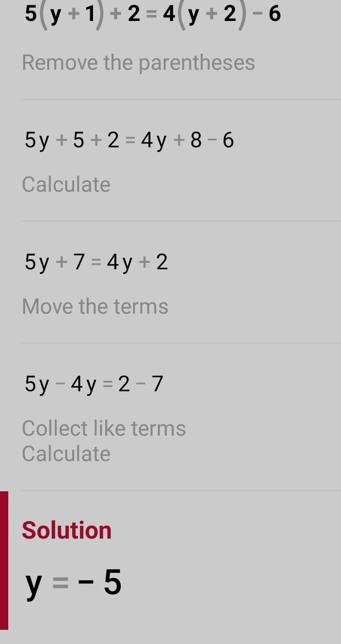 Solve the equation. 5(y+1)+2=4(y+2)−6 y=-example-1