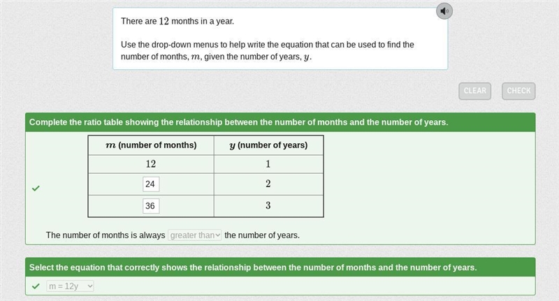 There are 12 months in a year. Use the drop-down menus to help write the equation-example-1